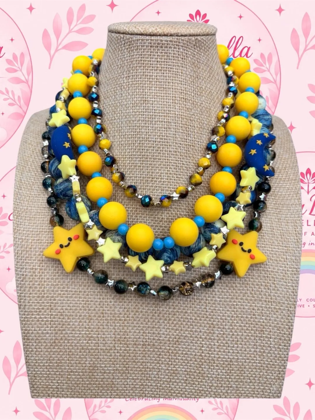 Kawaii moon & star multi layered beaded necklace