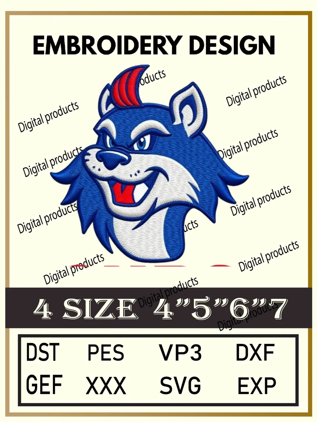 Wolf Head Embroidery Design Digital Mascot Pattern with Blue Fur, Red Accents, and Confident Expression for Machine Embroidery Projects in Four Sizes with Multiple Compatible Formats Including DST, PES, VP3, DXF, GEF, XXX, SVG, EXP