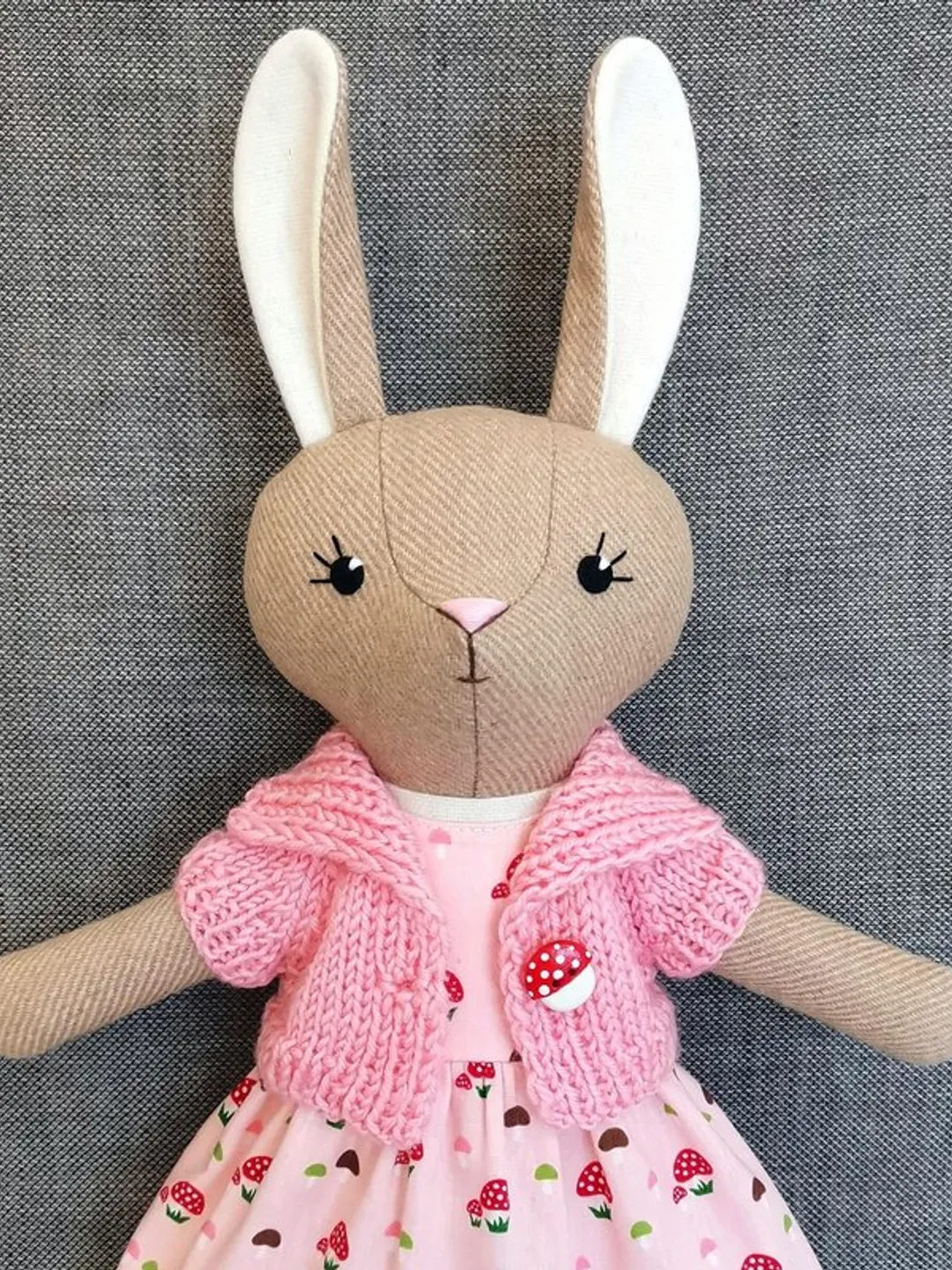 Beige bunny girl, handmade stuffed animal, wool plush rabbit toy, soft bunny doll