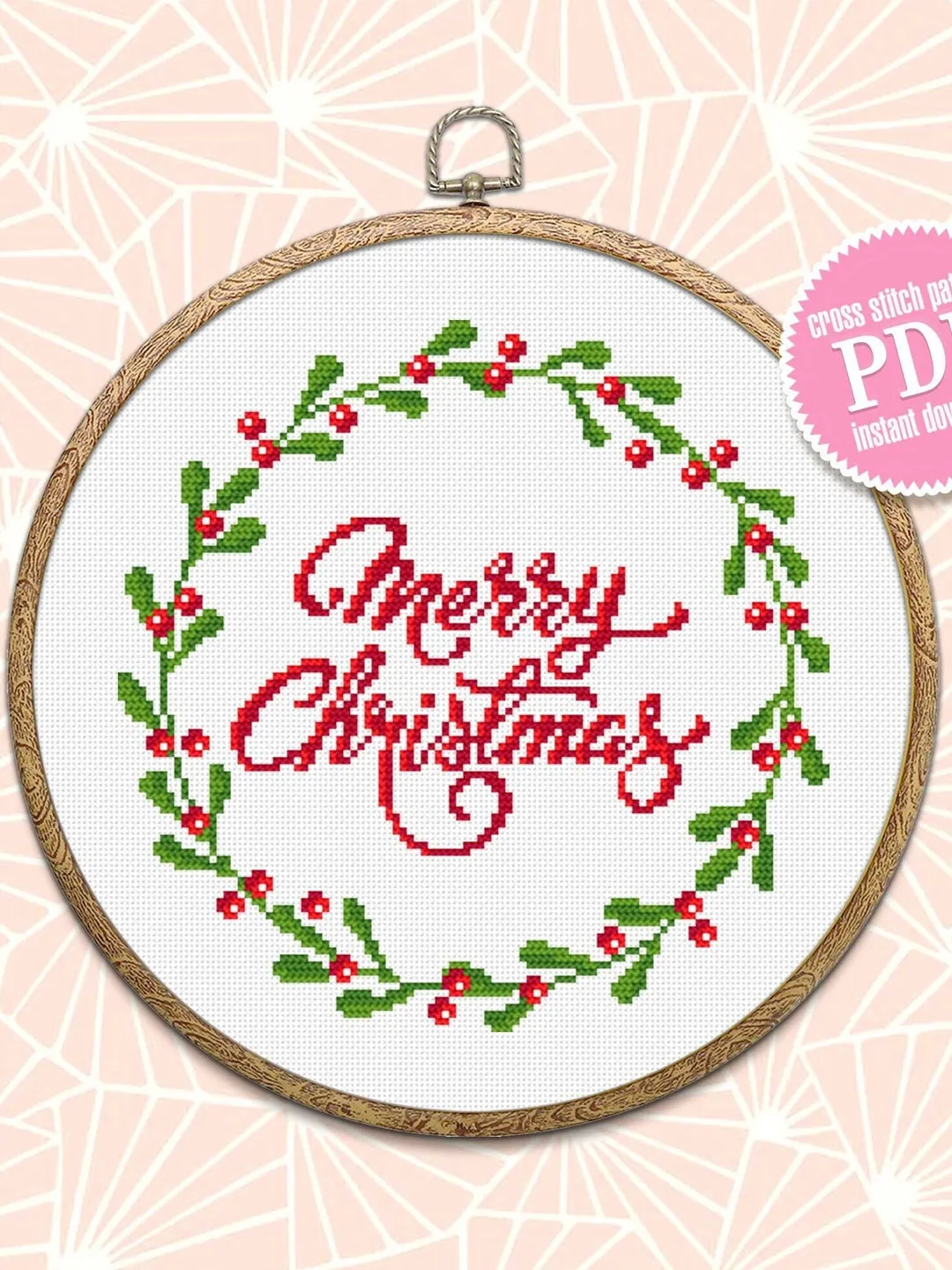 Red berry wreath cross stitch pattern PDF Merry Christmas cross stitch chart, Holiday small cross stitch, Instant download PDF #N35