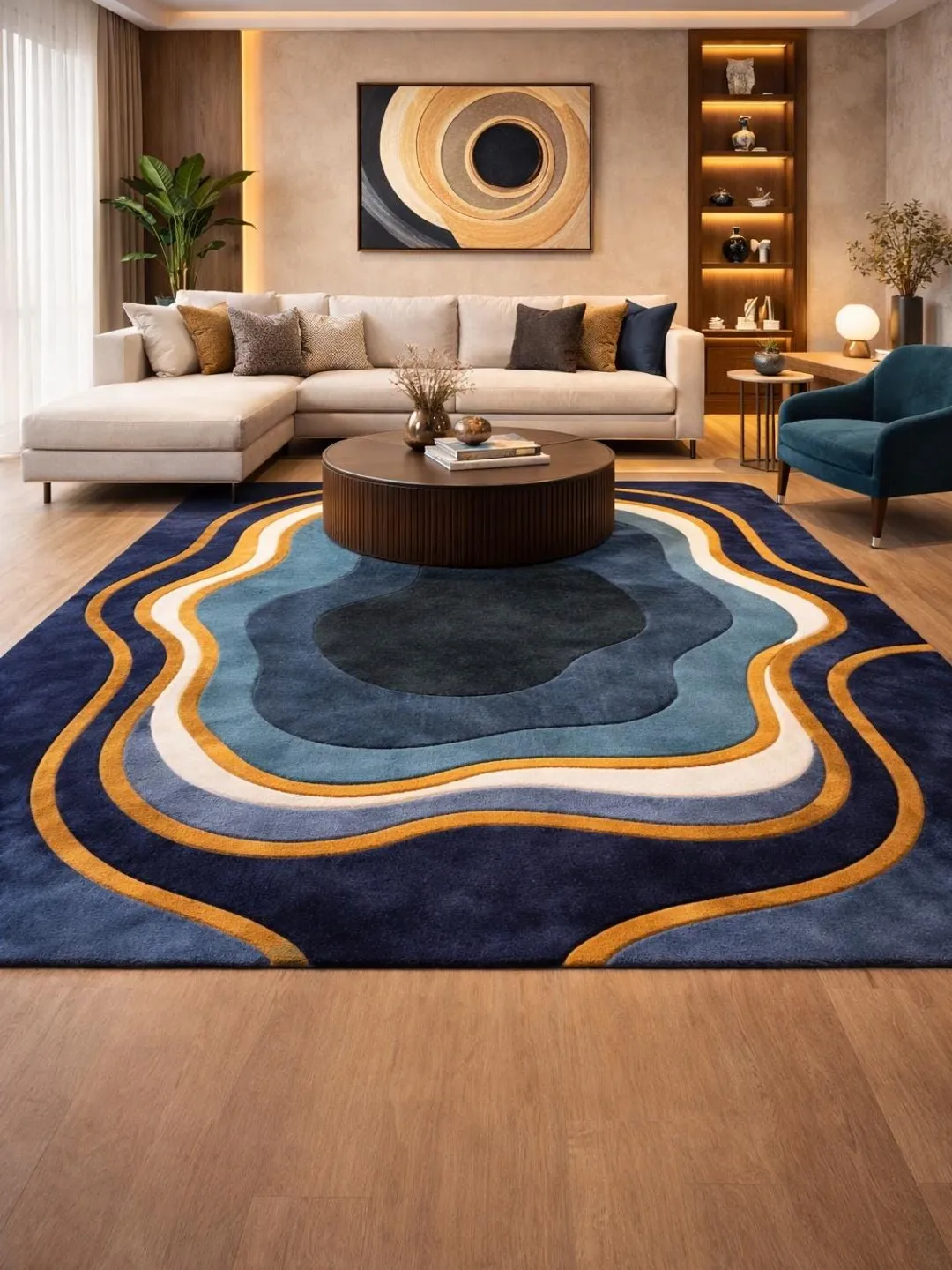 Abstract Blue Area Rug, Hand Tufted Wool Carpet, Modern Wavy Geometric Rug