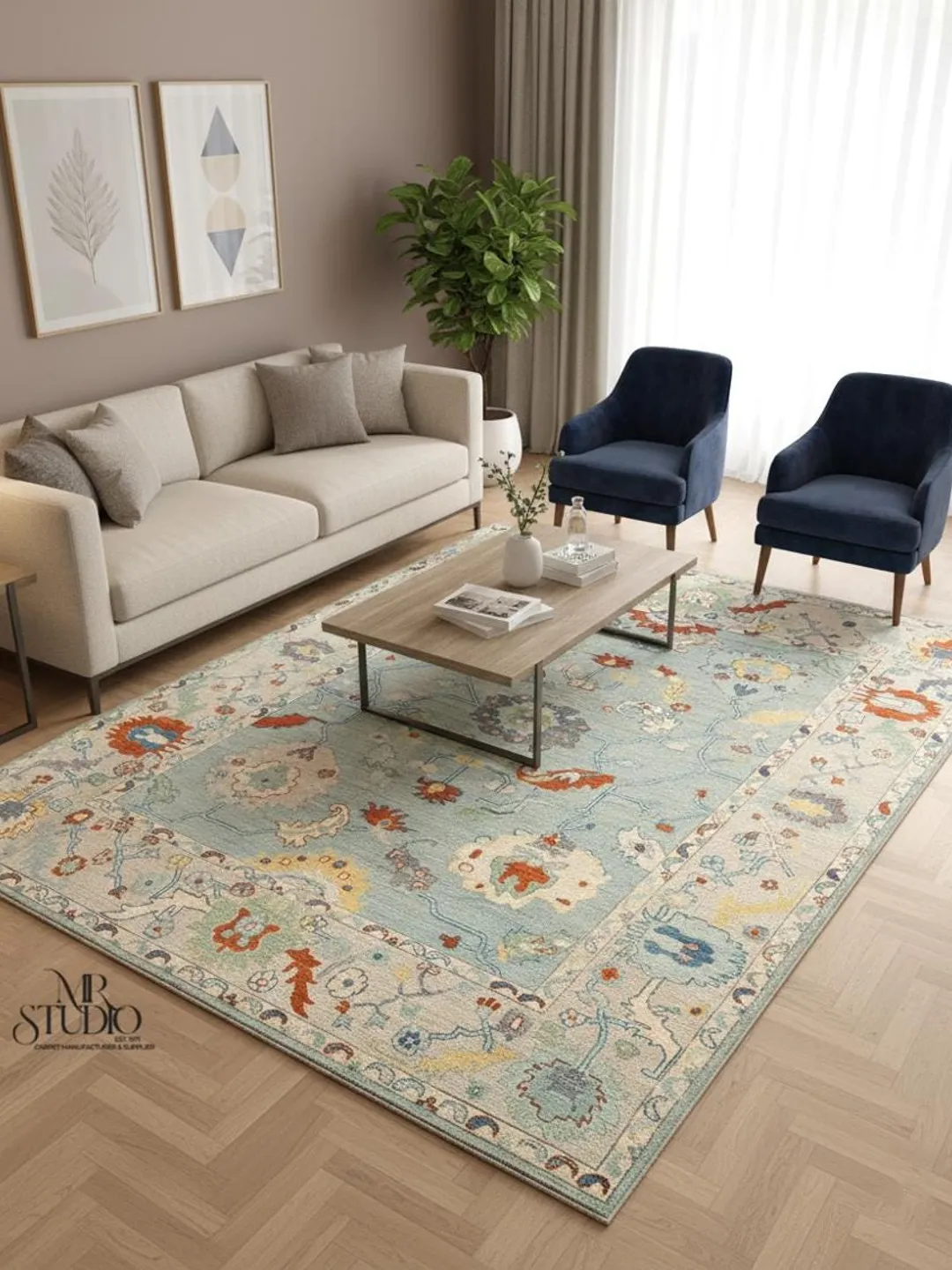 Hand-Tufted New Zealand Wool Rug, Light Blue Floral Oushak Style