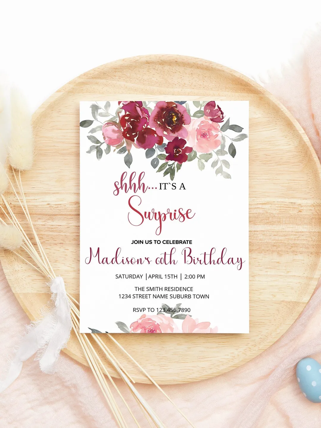 Blush Floral Surprise Birthday Invitation, Editable Template (Digital Download)