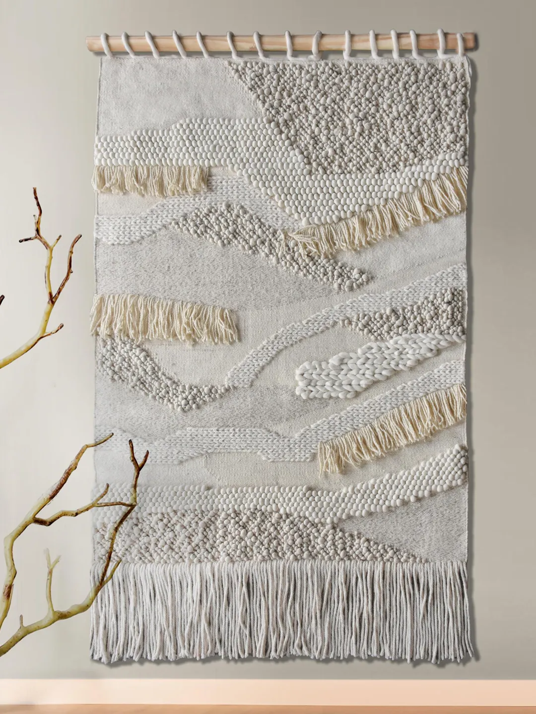 Ivory Hand Woven Wool Wall Hanging – Modern Boho Fiber Art Tapestry ...