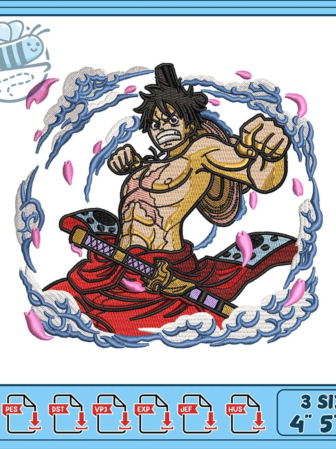 Luffy Wano Embroidery Design, One Piece Anime Machine Embroidery File, Manga Fighter Patch, Instant Download PES DST