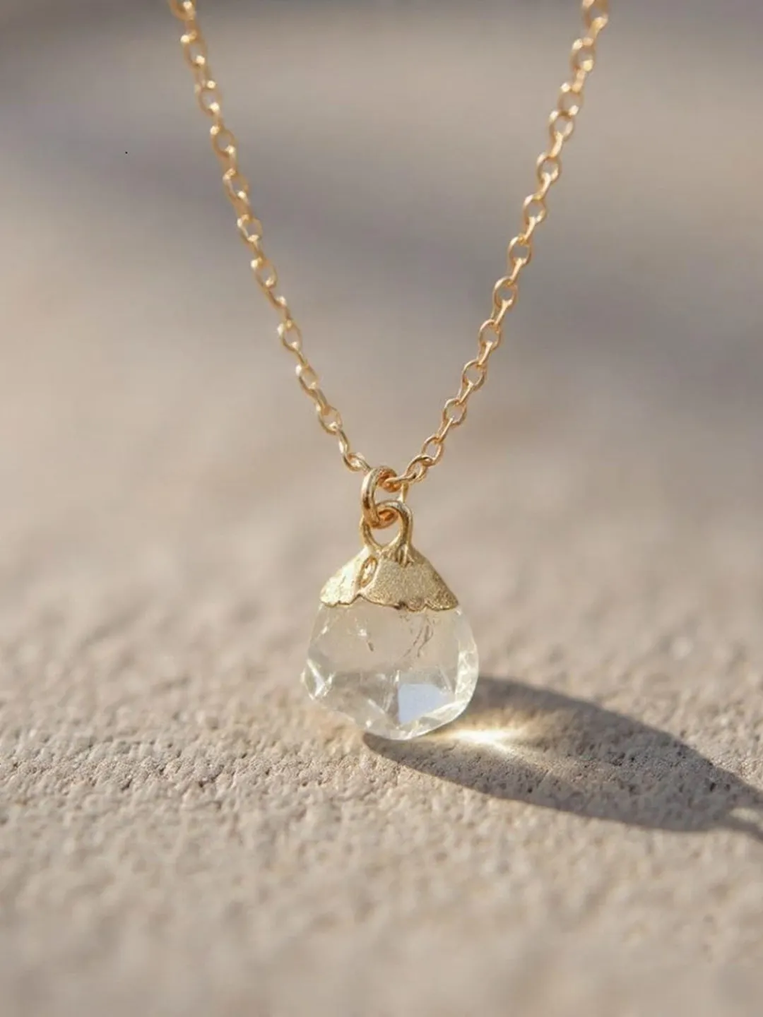 Raw Herkimer Diamond Brass Pendant Necklace, Boho Crystal Statement