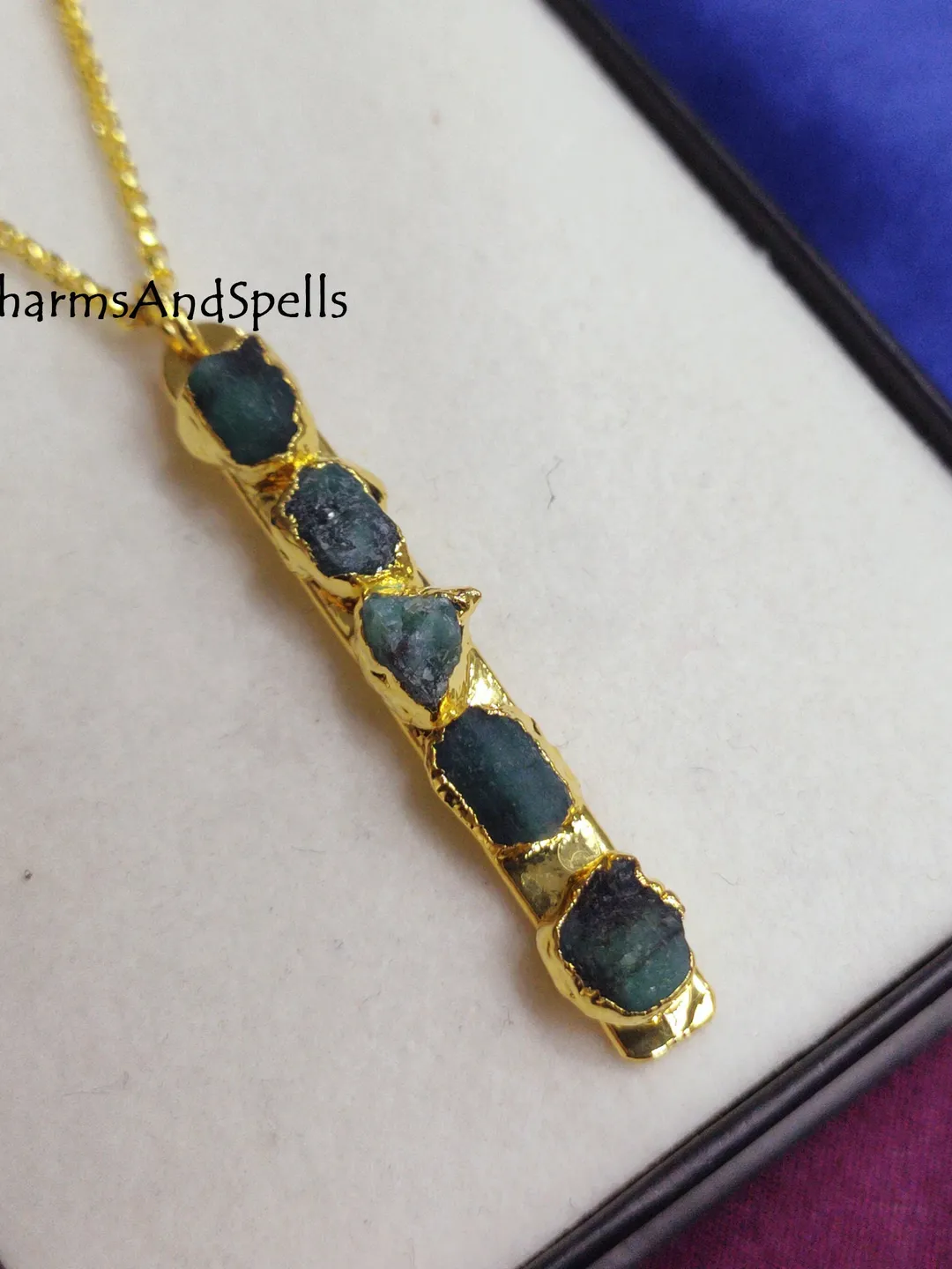 Raw Emerald Bar Necklace, Gold Plated Brass, Boho Gemstone Pendant