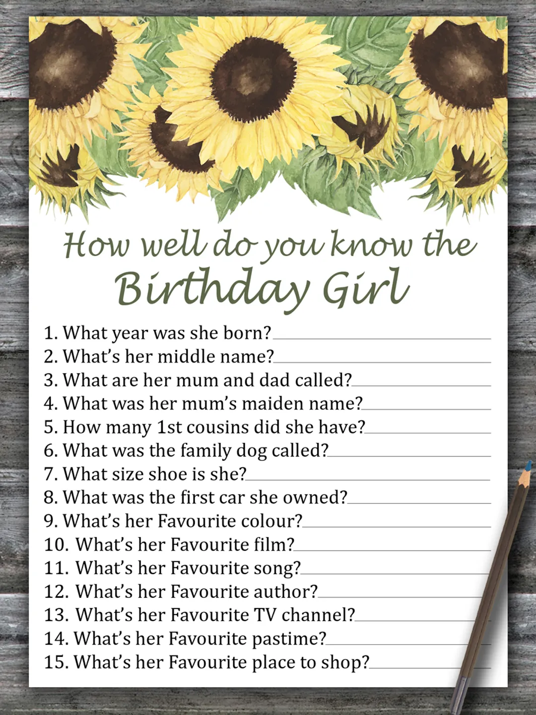 Sunflower How well do you know the birthday girl,Adult Birthday party ...