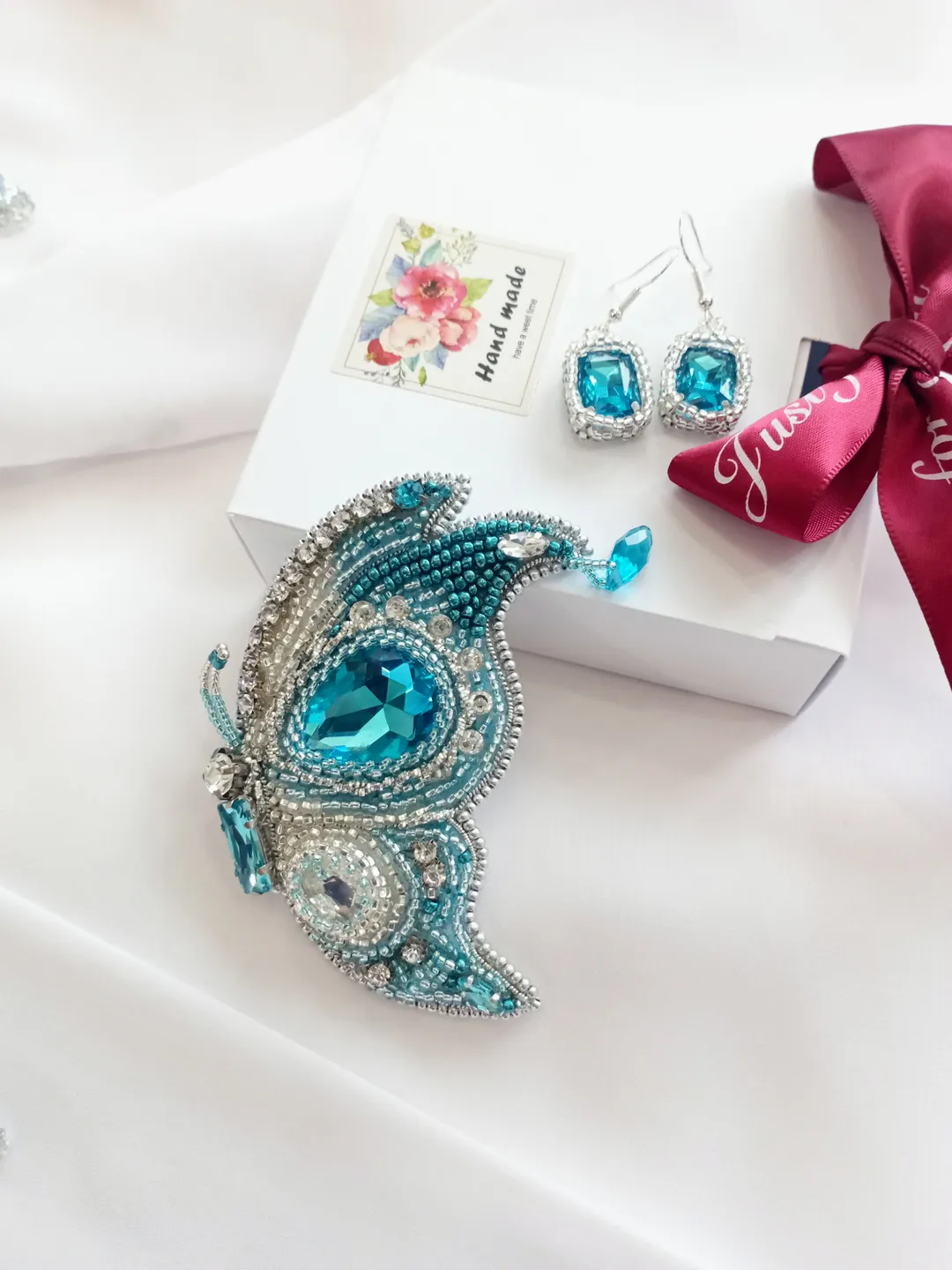 Handmade crystal aquamarine butterfly brooch earrings set for women, butterfly pin, gift for her, aquamarine jewelry set