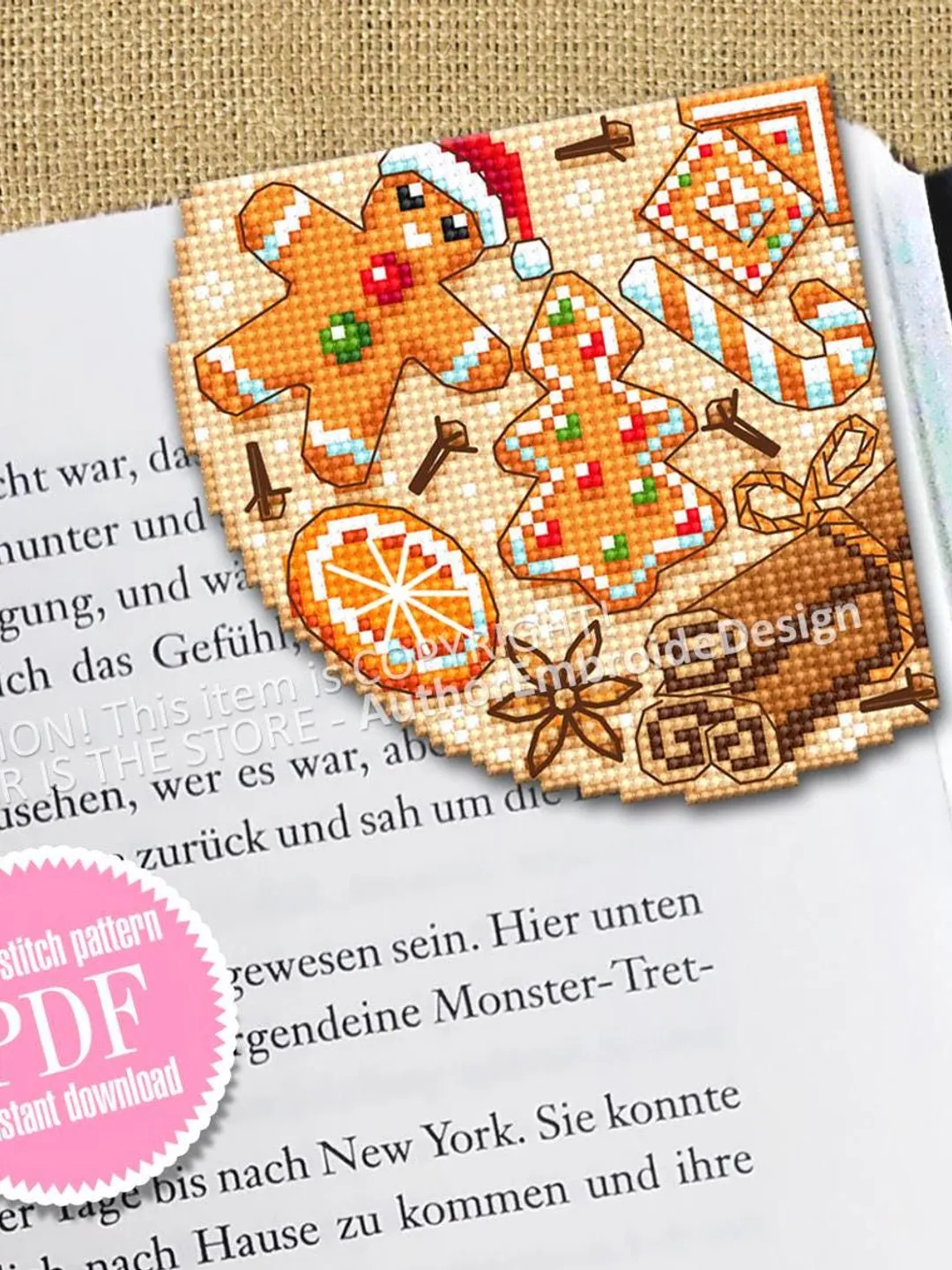 Corner bookmark cross stitch pattern PDF download Christmas gingerbread cross stitch chart, Christmas bookmark pattern digital PDF #N382