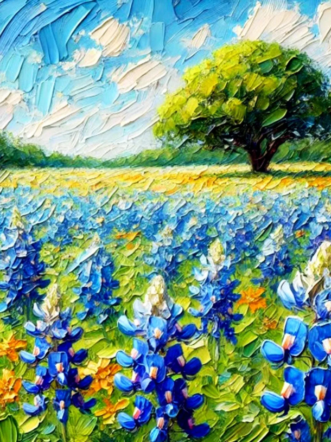 Texas Bluebonnets Painting Flowers Original Art Oak Tree Impasto Oil Painting National Park Painting Landscape Blue Art Impressionist Gifts