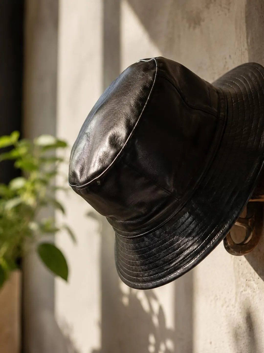 Black Cowhide Leather Bucket Hat | Minimalist Fisherman Cap