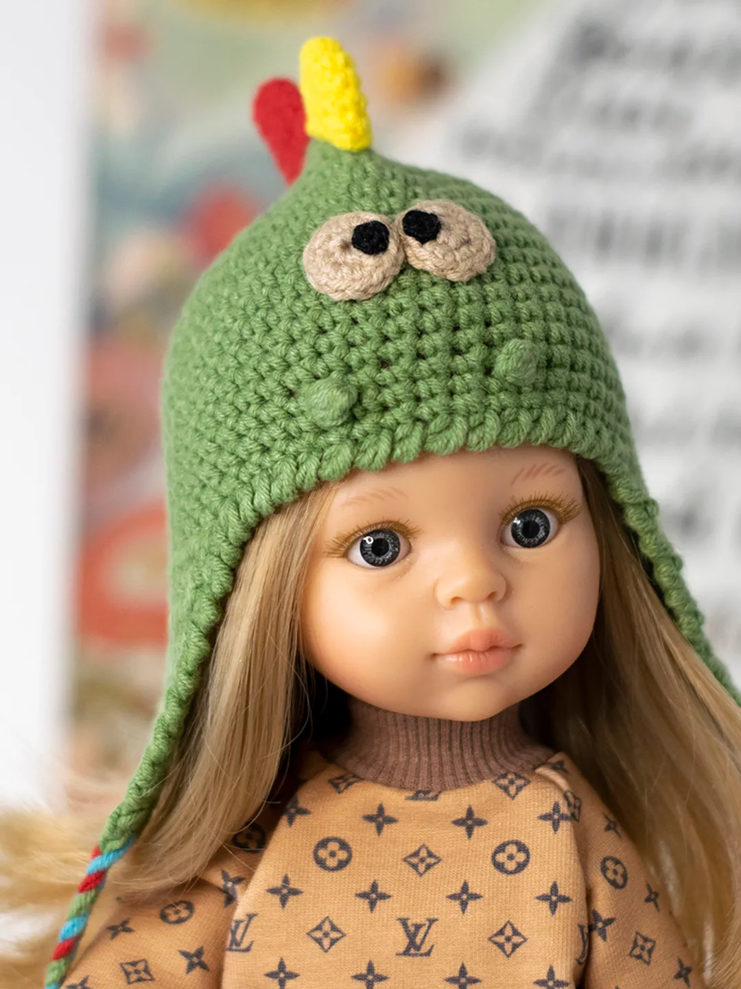 Crocheted Dinosaur hat for 13" dolls Paola Reina, Meadowdolls Dumplings, Little Darling, Siblies RRFF for Halloween