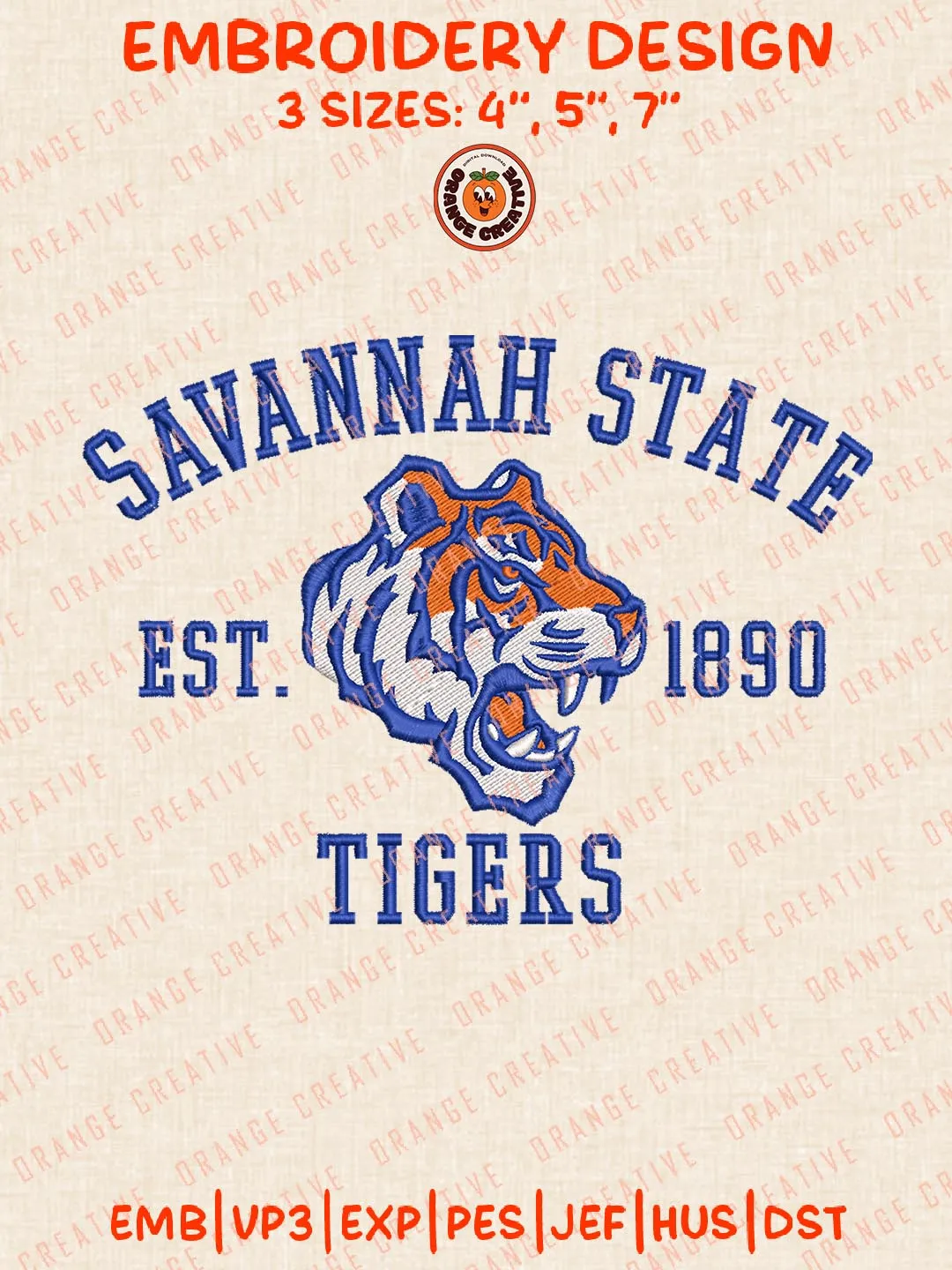 NCAA Savannah State Tigers Est 1890 Embroidery Design, NCAA Savannah State Tigers Team Logo Embroidery Design, Machine Embroidery Design File, 4 Sizes, Custom Size, Digital Download