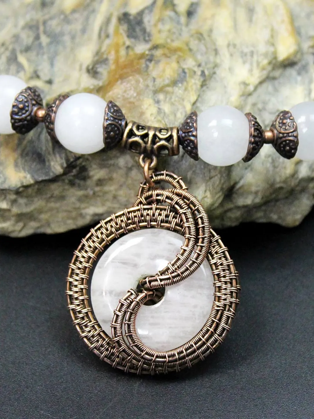 Copper Wire Wrapped Stone Donut Pendant Necklace.