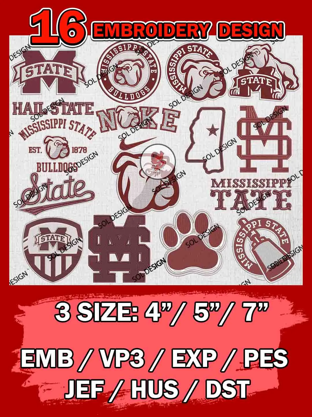 16 NCAA Mississippi State Bulldogs Bundle Embroidery Files, NCAA Mississippi State Bulldogs Team Bundle Embroidery Designs, NCAA Teams, National College Football Team 3 sizes, NCAA Mississippi State Machine Embroidery, Digital Download