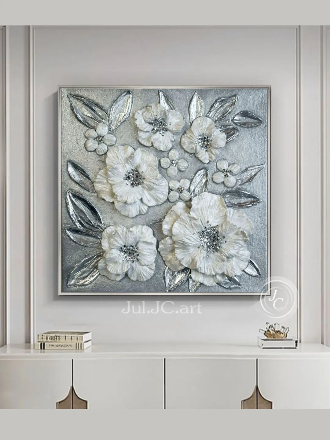 White Pearl Poppies Flower Textured artwork | Silver Glittery Original Painting Floral Art with Crystal