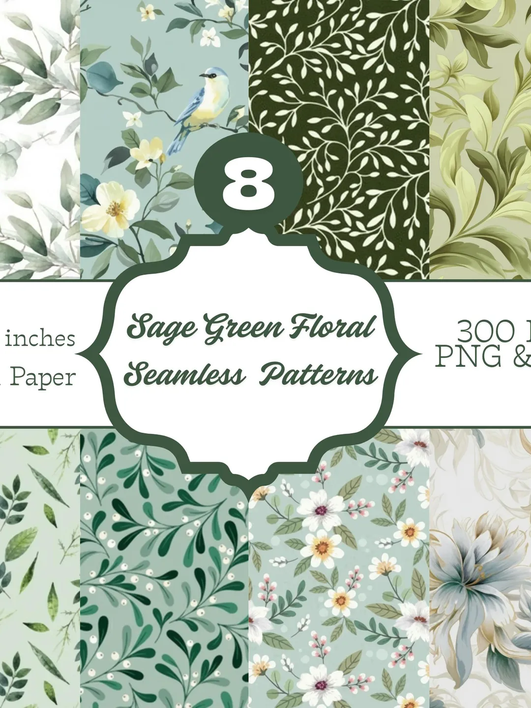 Sage Green Floral Seamless Patterns, Botanical Digital Paper (Instant ...