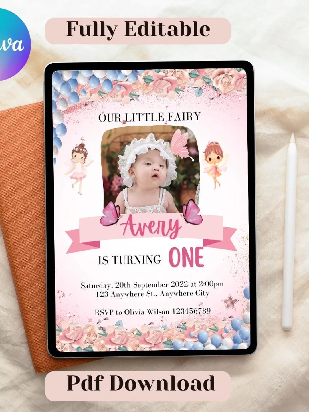 Fairy First Birthday Invitation | Girl 1st Birthday Invite | Editable Canva Template | Fairy Party Invitation | Digital Download