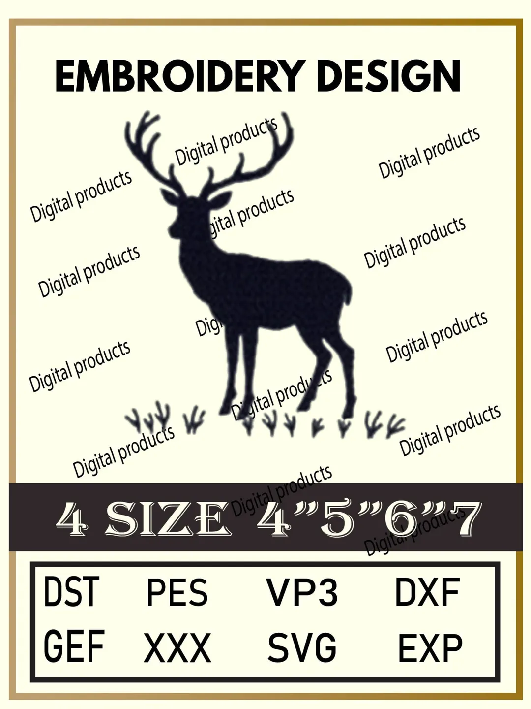 Deer Embroidery Design Silhouette Pattern with Antlers and Grass Motif for Machine Embroidery Projects in Four Sizes with Multiple Compatible Formats Including DST, PES, VP3, DXF, GEF, XXX, SVG, EXP Download