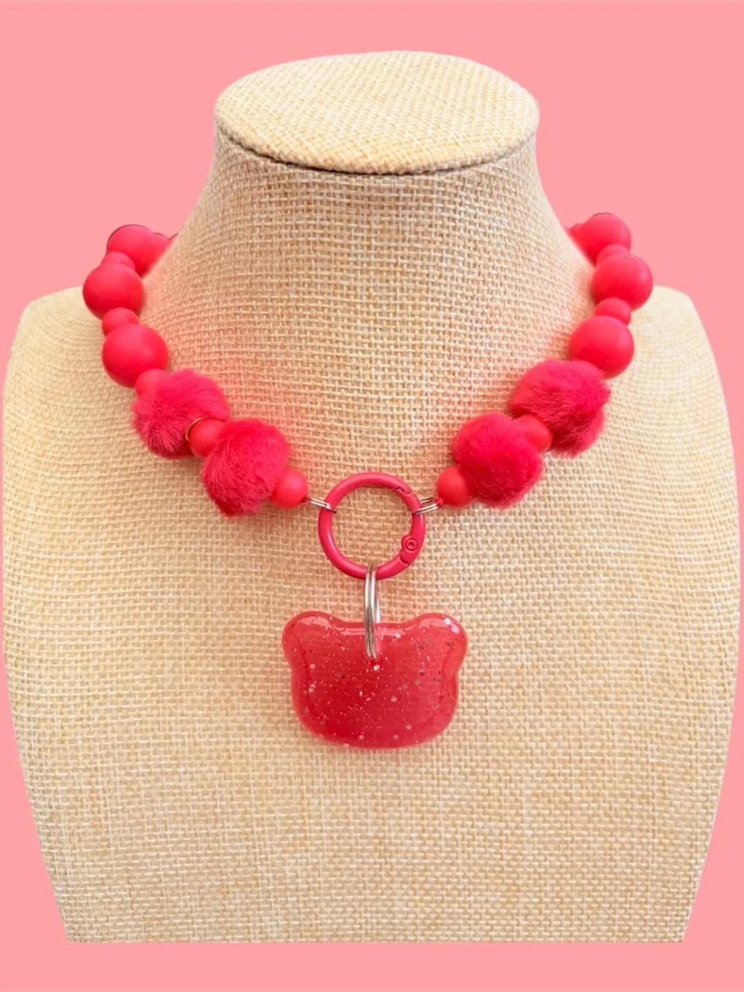 Fluffy red beaded bear charm choker necklace alt,decora,festival,kawaii