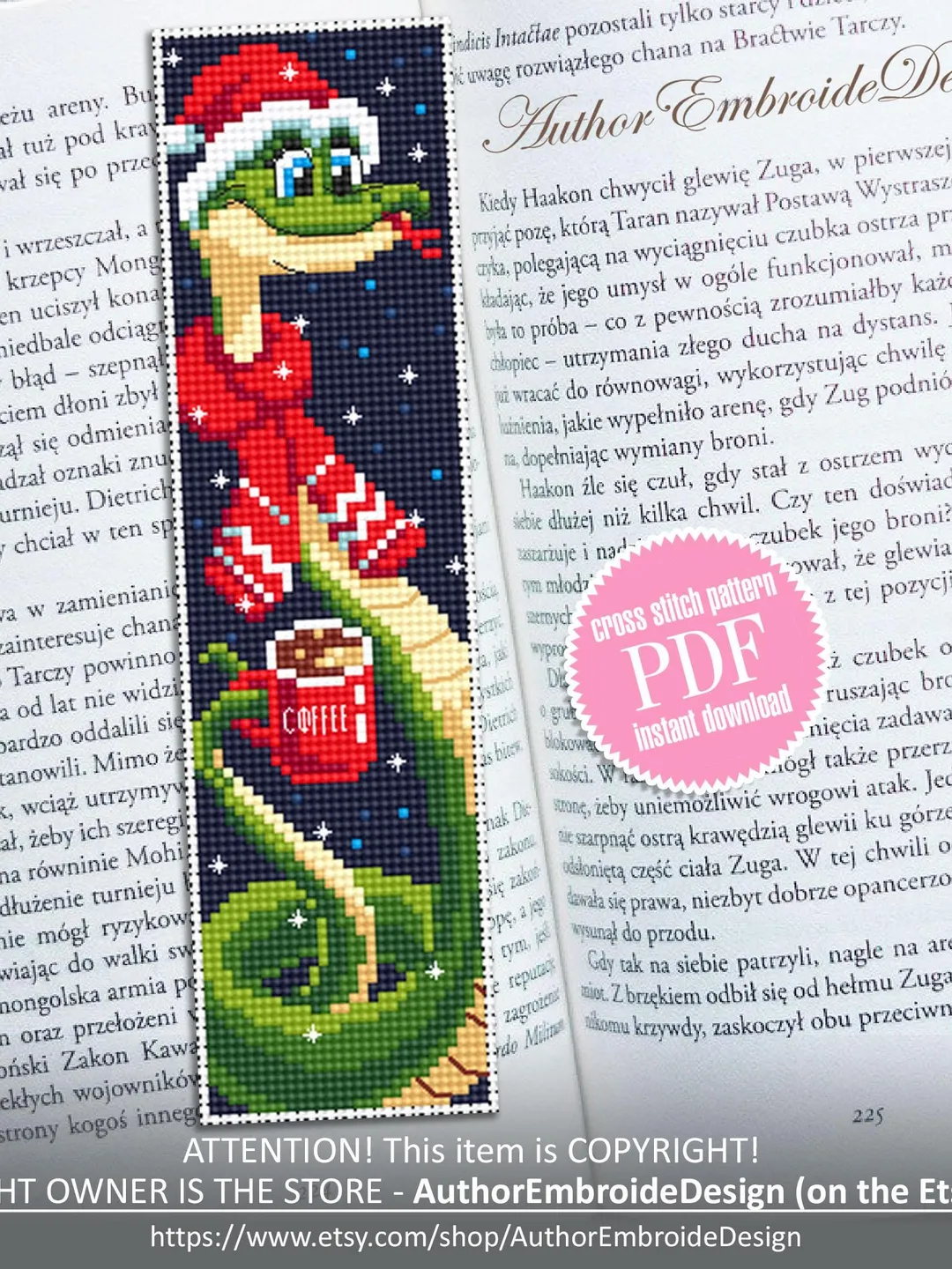 Christmas bookmark cross stitch pattern PDF download Cute snake cross stitch chart, Coffee bookmark pattern digital PDF Happy new year #B362