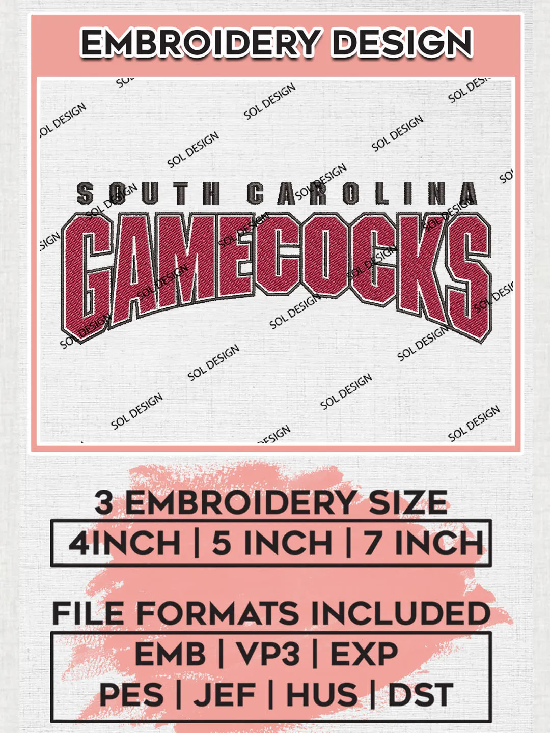 NCAA South Carolina Gamecocks Team Wordmark Logo Embroidery Design Files, NCAA South Carolina Gamecocks Machine Embroidery, NCAA Teams, 3 sizes, NCAA Machine embroidery designs, Digital Download