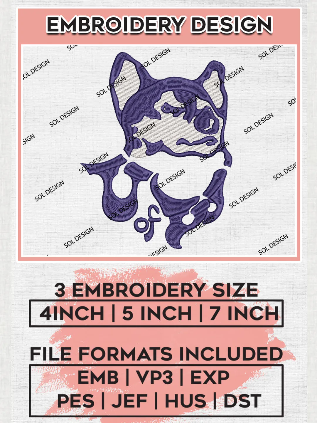 NCAA Washington Huskies Team Logo Embroidery Design Files, NCAA Washington Huskies Machine Embroidery, NCAA Teams, 3 sizes, NCAA Machine embroidery designs, Digital Download
