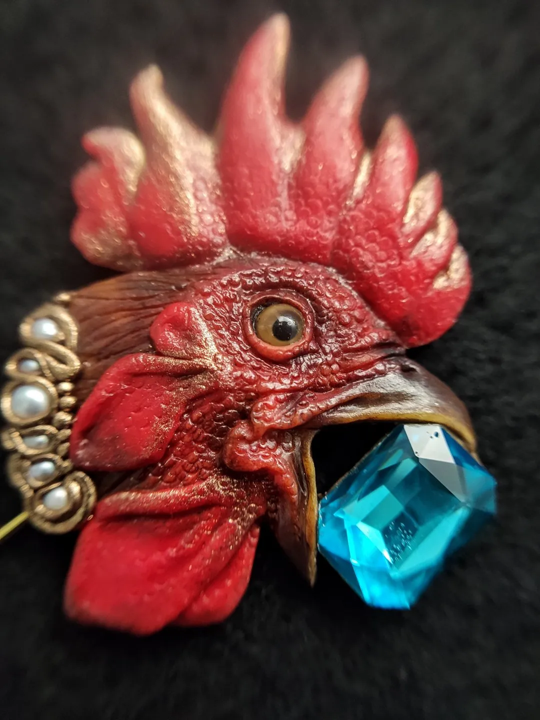 Brooch Rooster. Original handmade brooch with precious stones and pearls.
