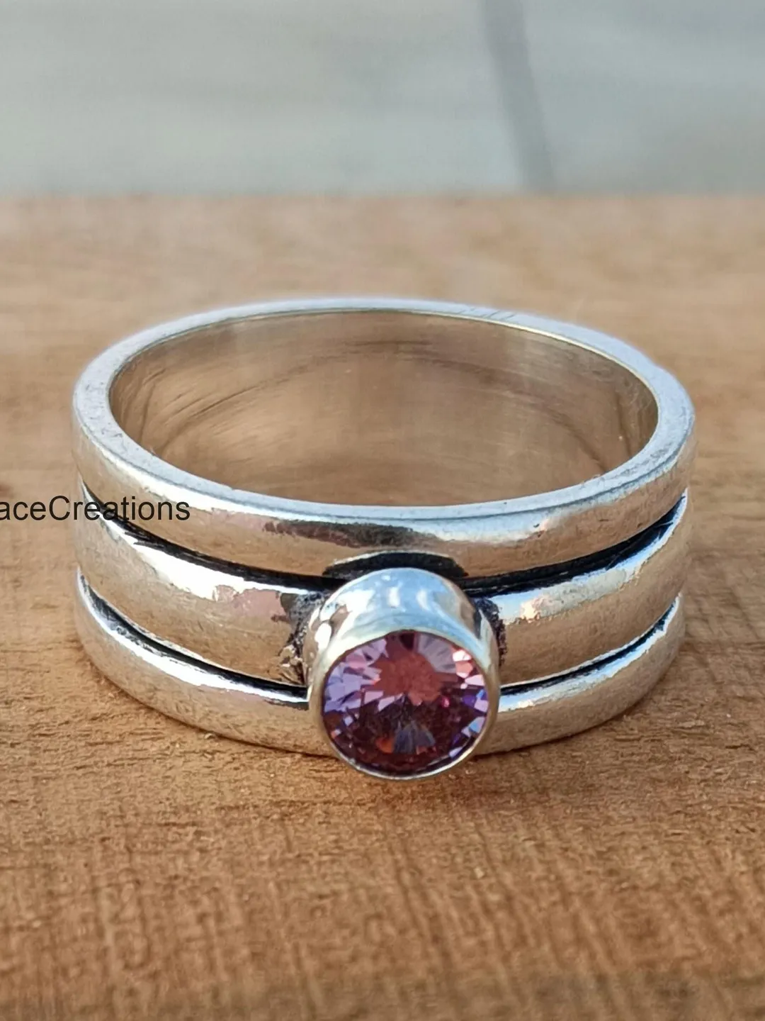 Handmade Sterling Silver Rose Quartz Spinner Ring, Meditation Band