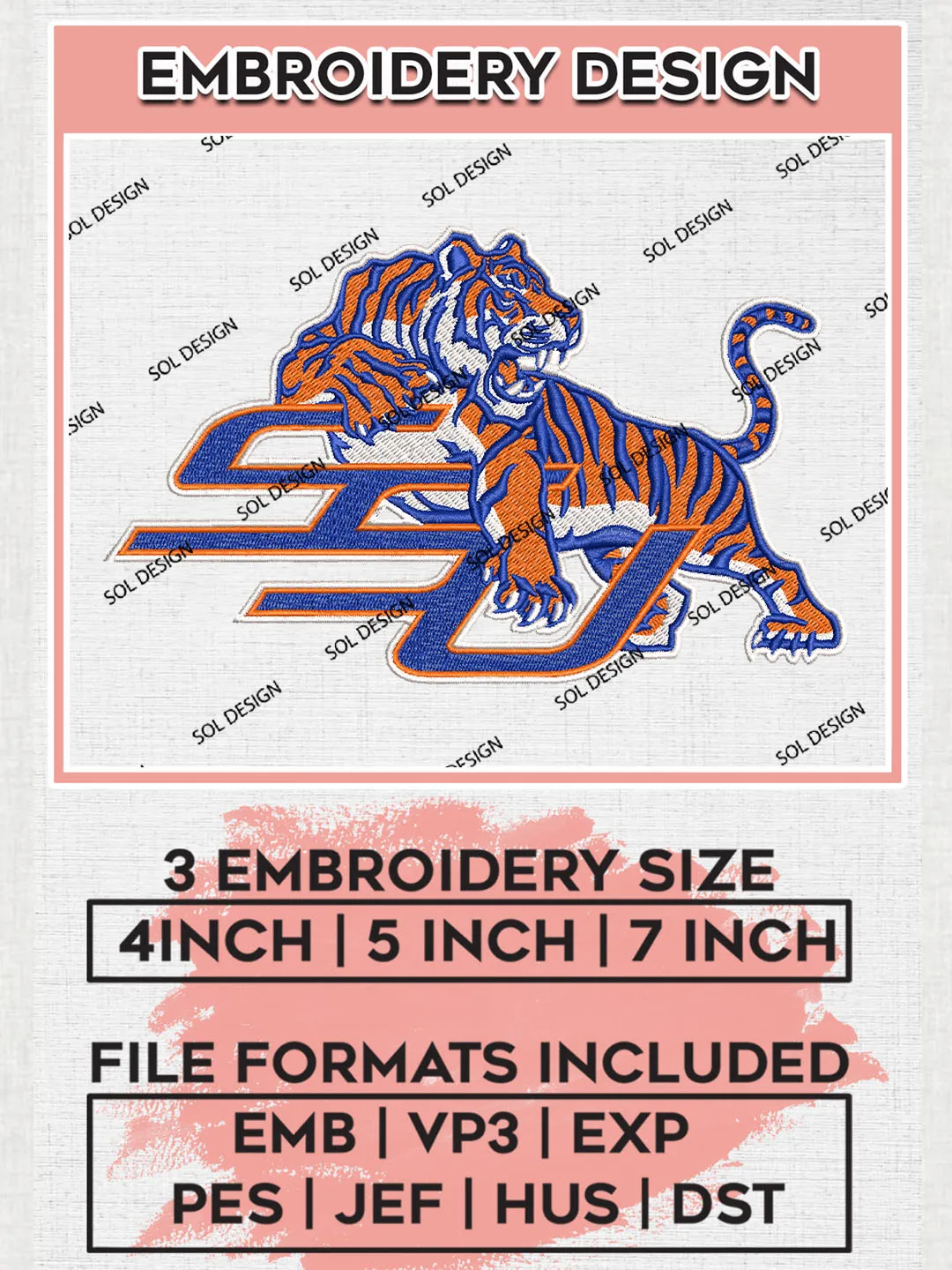 NCAA SSU Tigers Team Logo Embroidery Design Files, NCAA Savannah State Tigers Machine Embroidery, NCAA Teams, 3 sizes, NCAA Machine embroidery designs, Digital Download