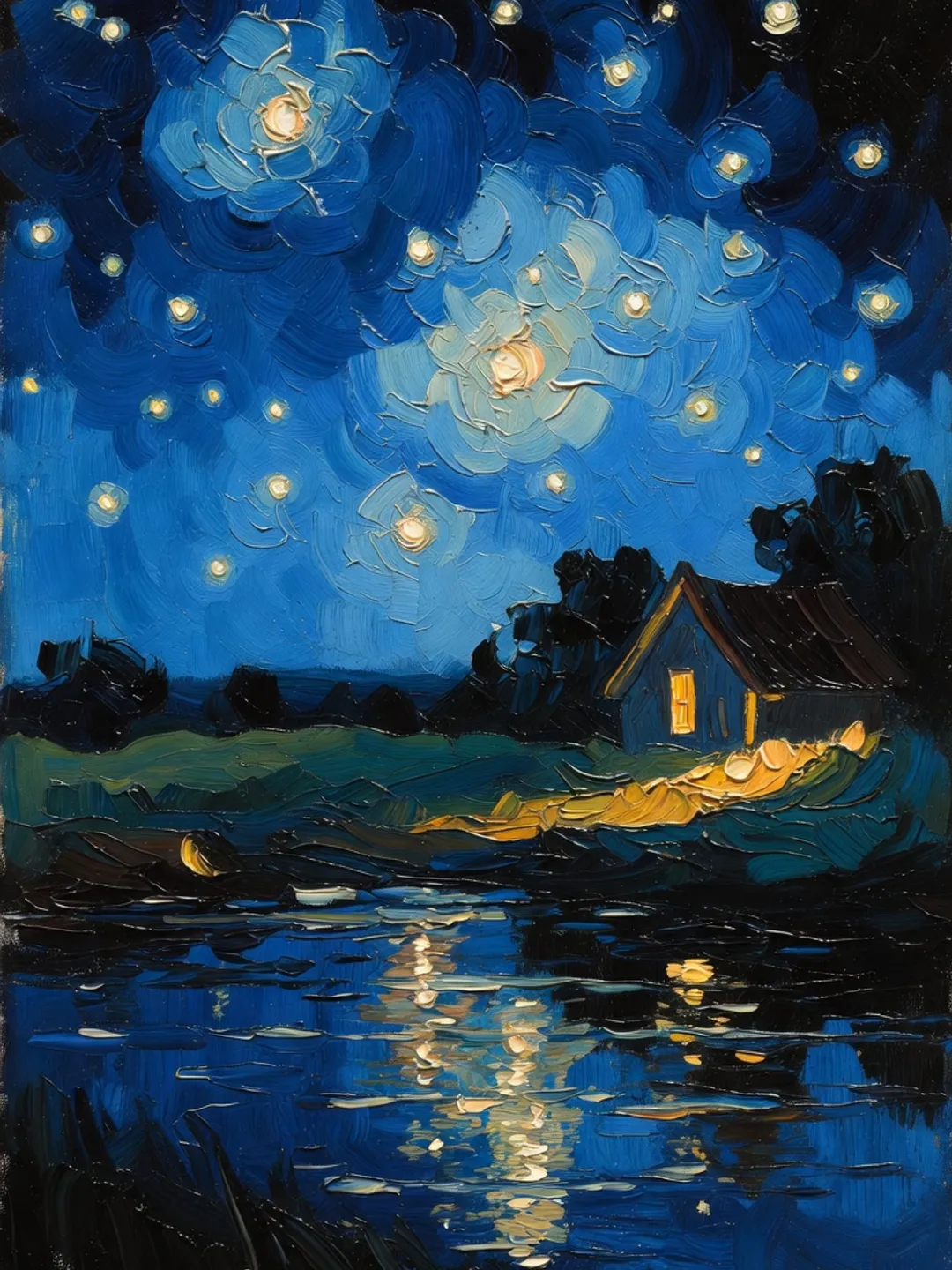 Starry Night Countryside Oil Painting
