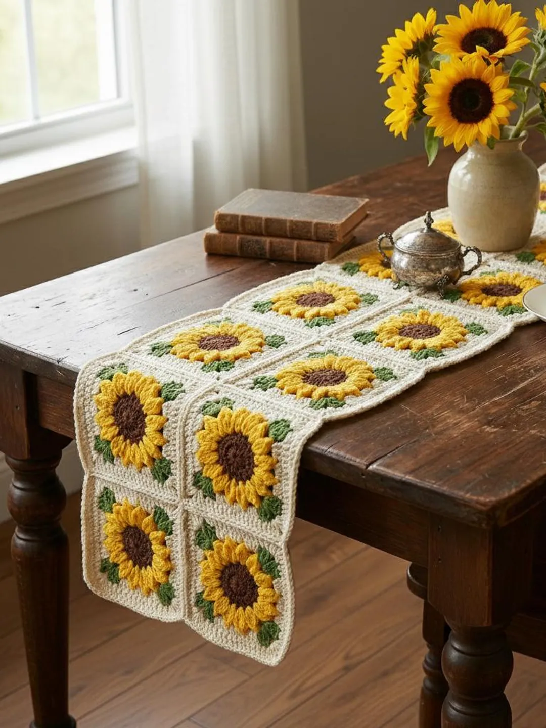 Table Runner Patterns For Spring Sunflower Crochet Table Runner Pattern | Spring Farmhouse Coffee ...