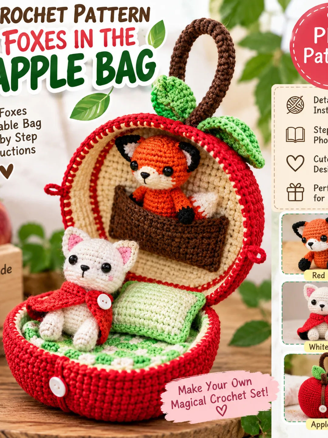 Crochet Foxes in Apple Bag Pattern PDF | Amigurumi Fox Crochet DIY