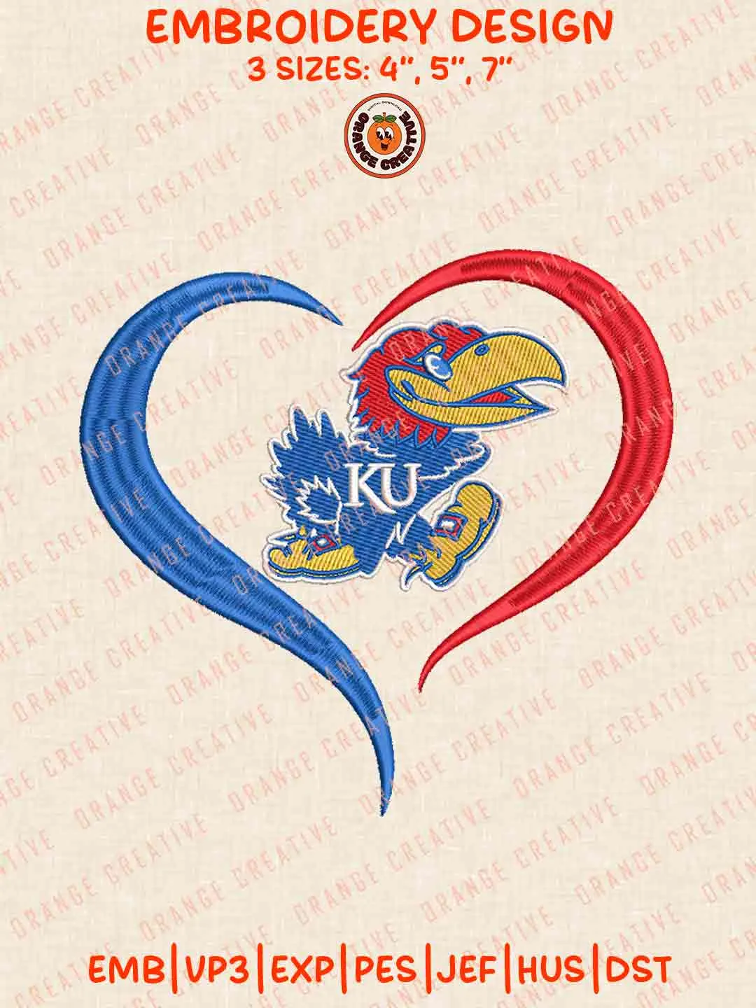 Kansas Jayhawk Heart Embroidery Files, Football Embroidery Designs, College Sport Machine Embroidery Files, 3 Sizes, Custom Sizes, Instant Download