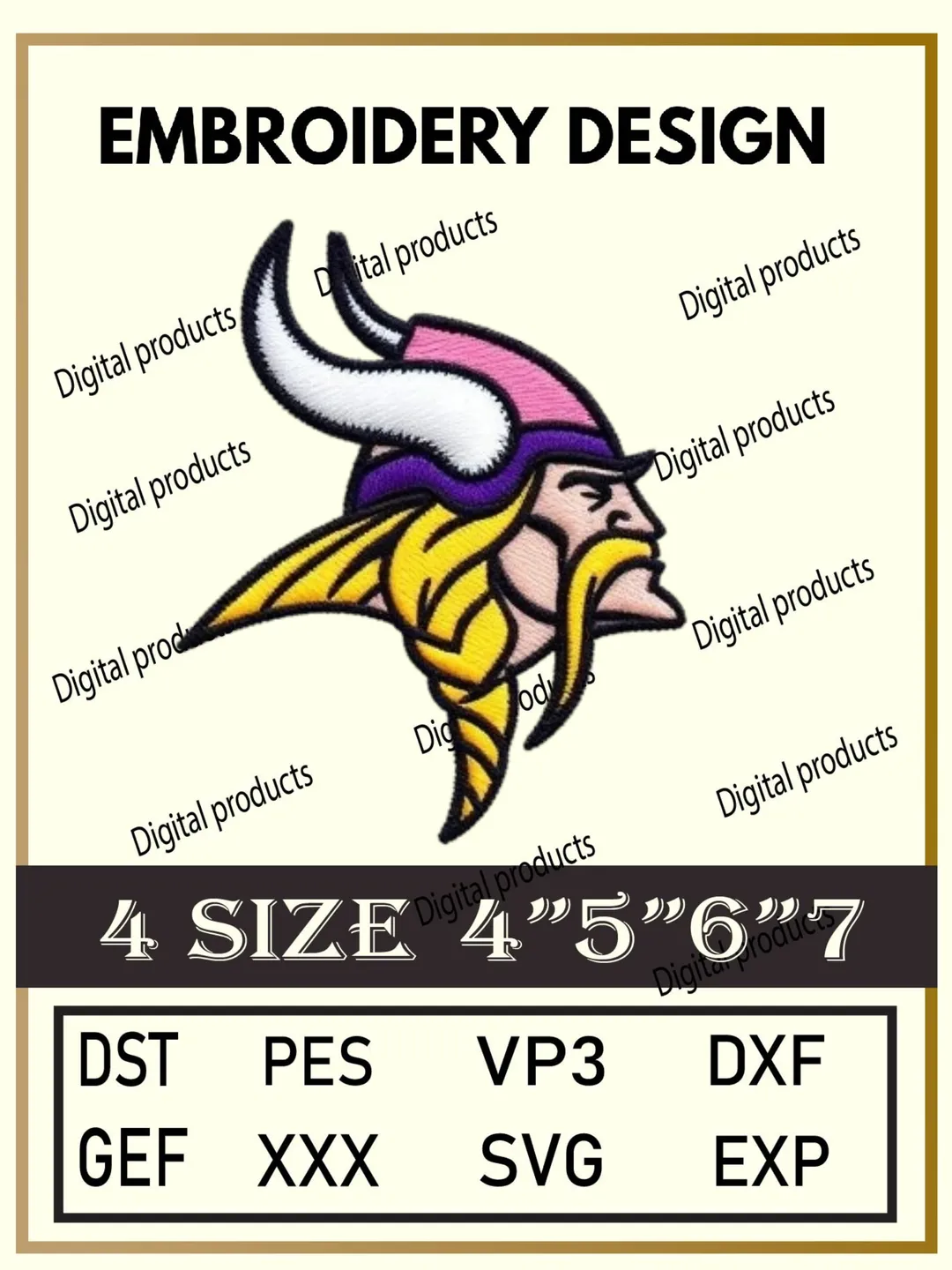 Minnesota Vikings Embroidery Design Digital Logo Pattern with Viking Head and Horned Helmet for Machine Embroidery Projects in Four Sizes with Multiple Compatible Formats Including DST, PES, VP3, DXF, GEF, XXX, SVG, EXP Download