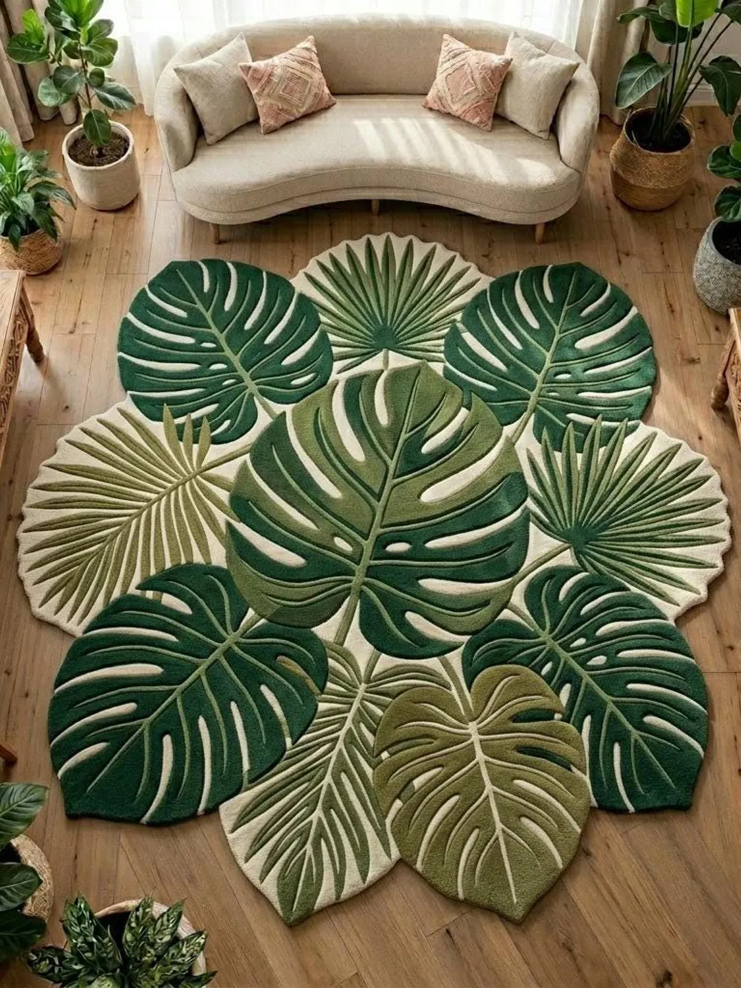Hand Tufted New Zealand Wool Monstera Leaf Rug, Botanical Tropical Area Carpet