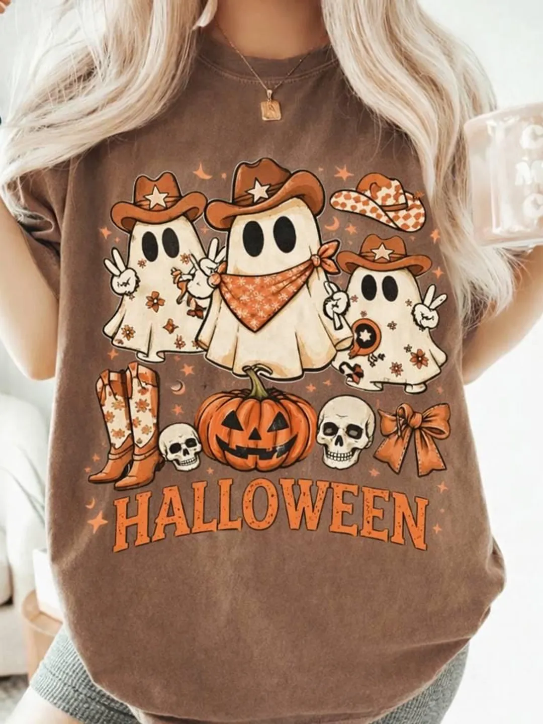 Cowboy Ghost Halloween T-Shirt | Western Boho Spooky Tee, Vintage Wash