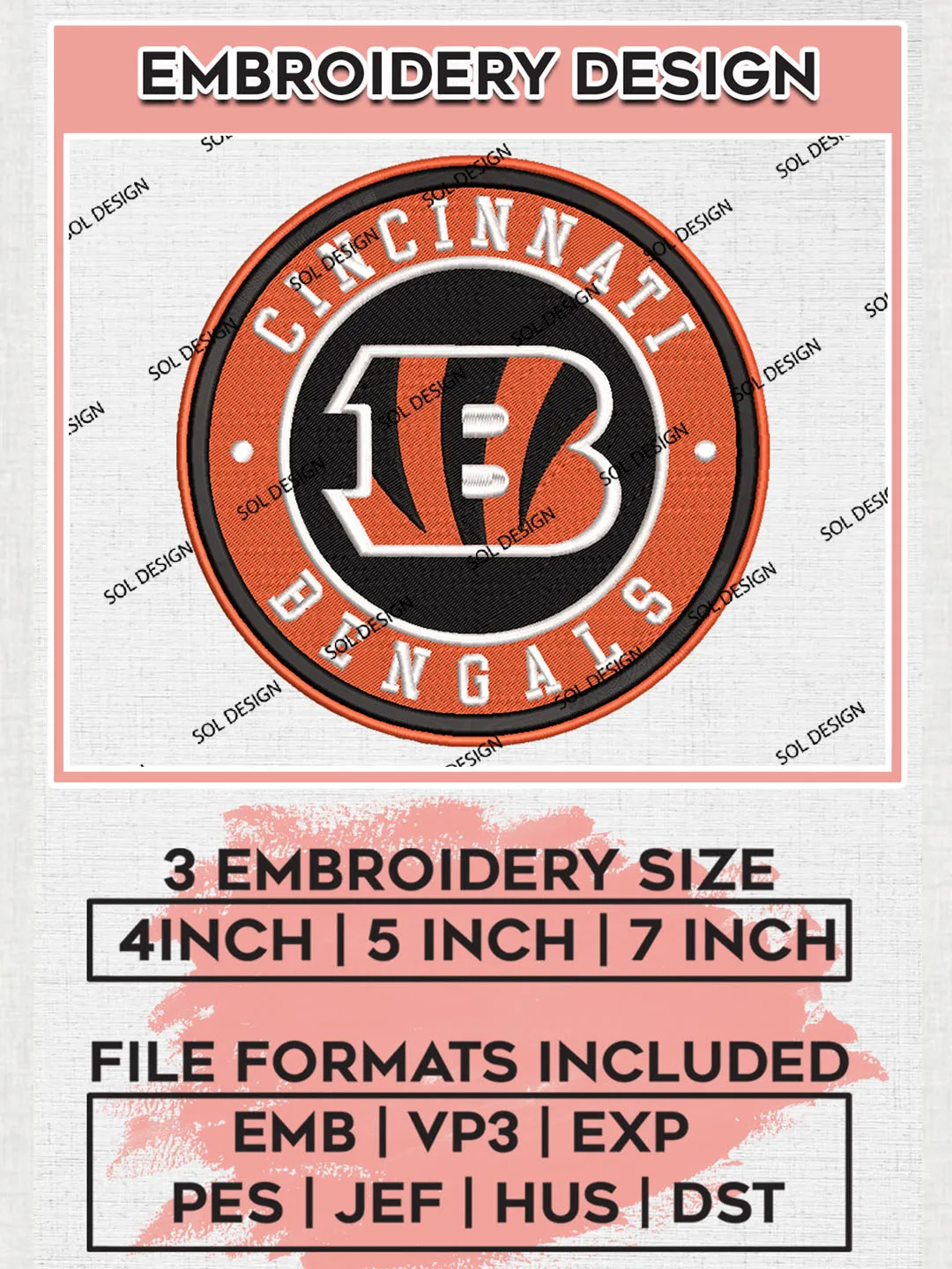 Cincinnati Bengals Circle Logo Embroidery Designs, NFL Bengals, NFL Embroidery Designs, NFL Cincinnati Bengals Machine Embroidery Design, Digital Download