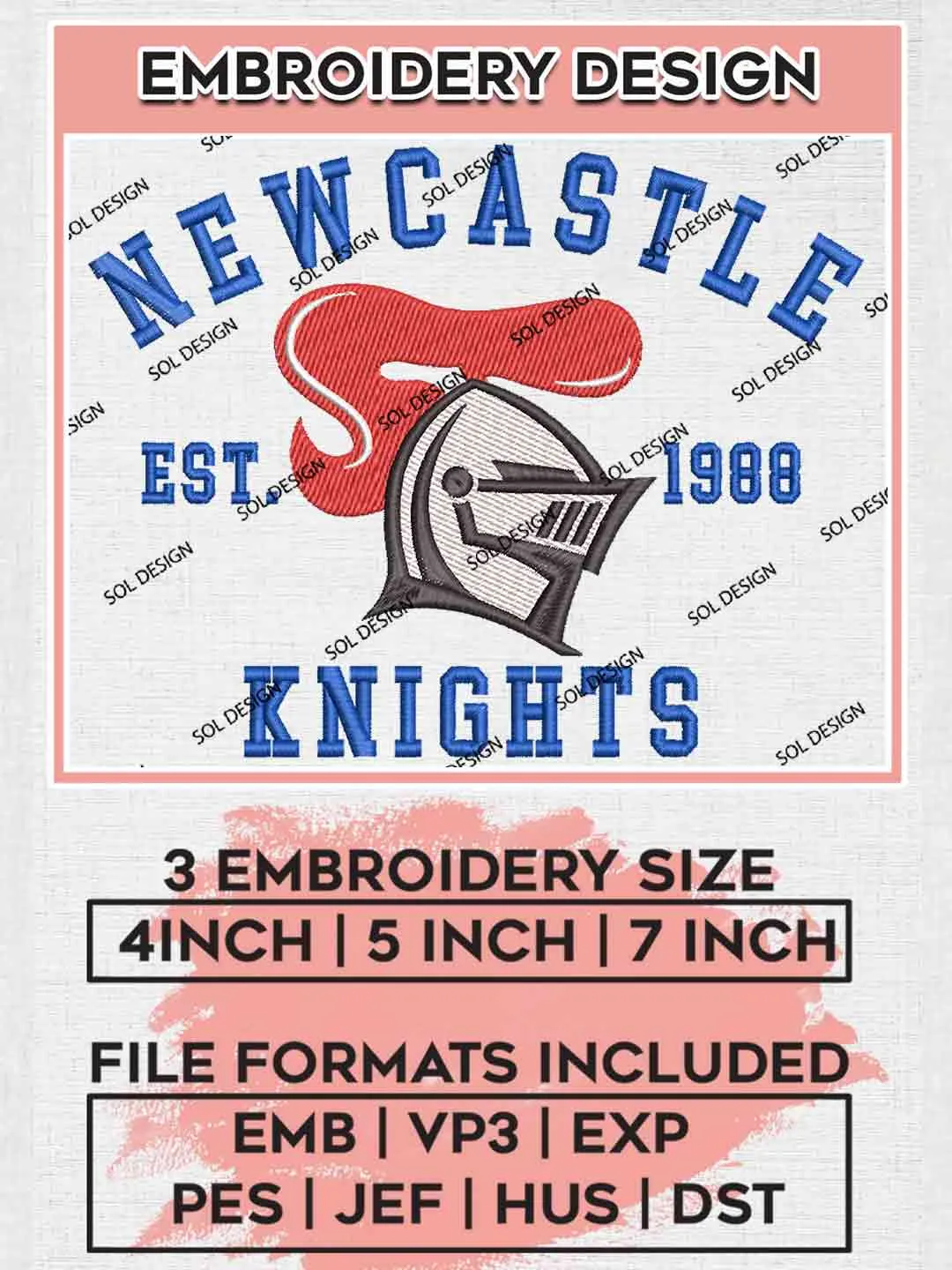 NRL Newcastle Knights Est 1988 Embroidery Design, National Rugby League Embroidery Design, New Newcastle Knights Logo Embroidery Design, NRL Machine Embroidery Digitized Pes File, 3 Sizes, Instant Download