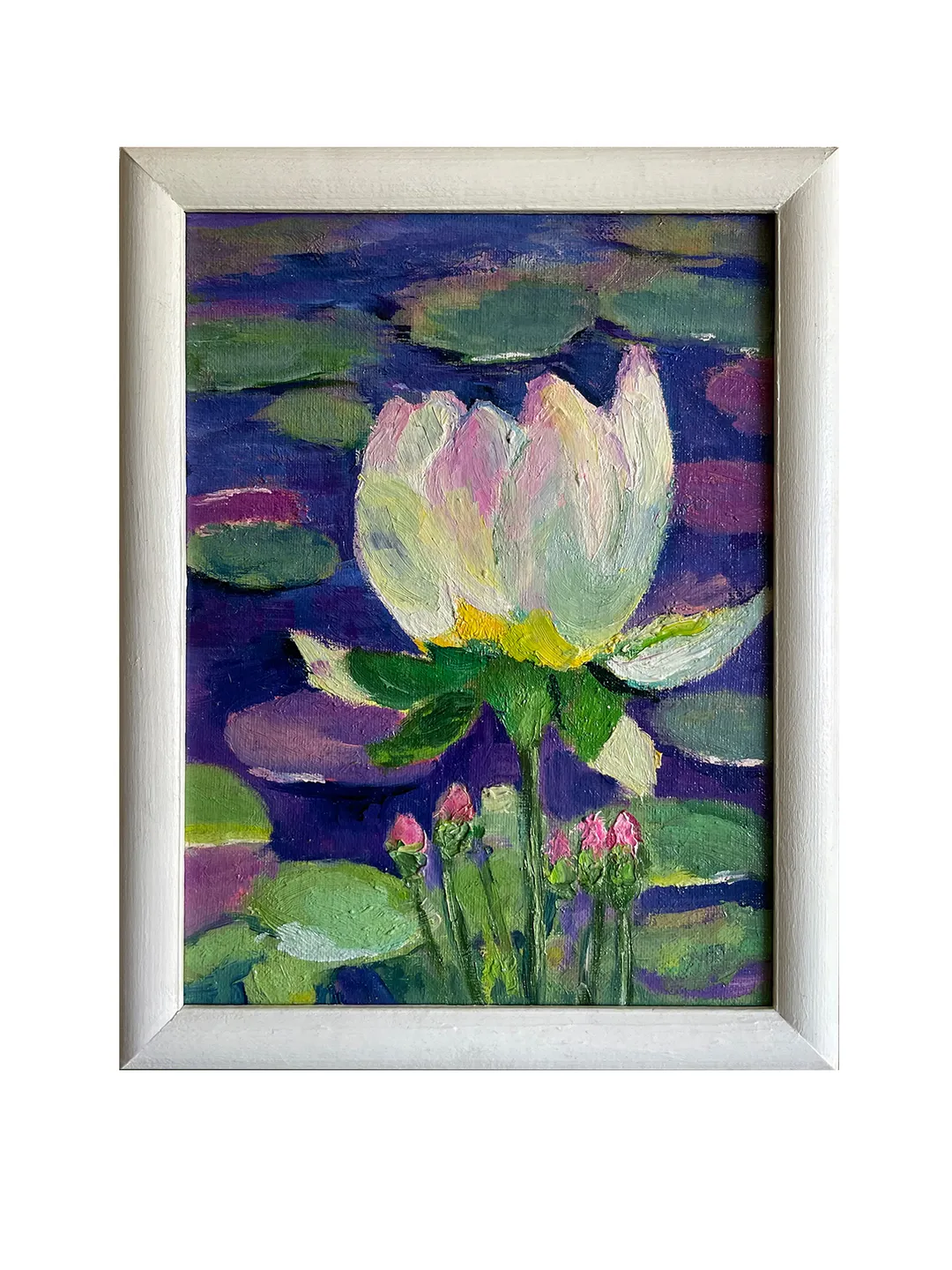 Water lily painting, original oil painting, framed flower painting, White lotus wall art