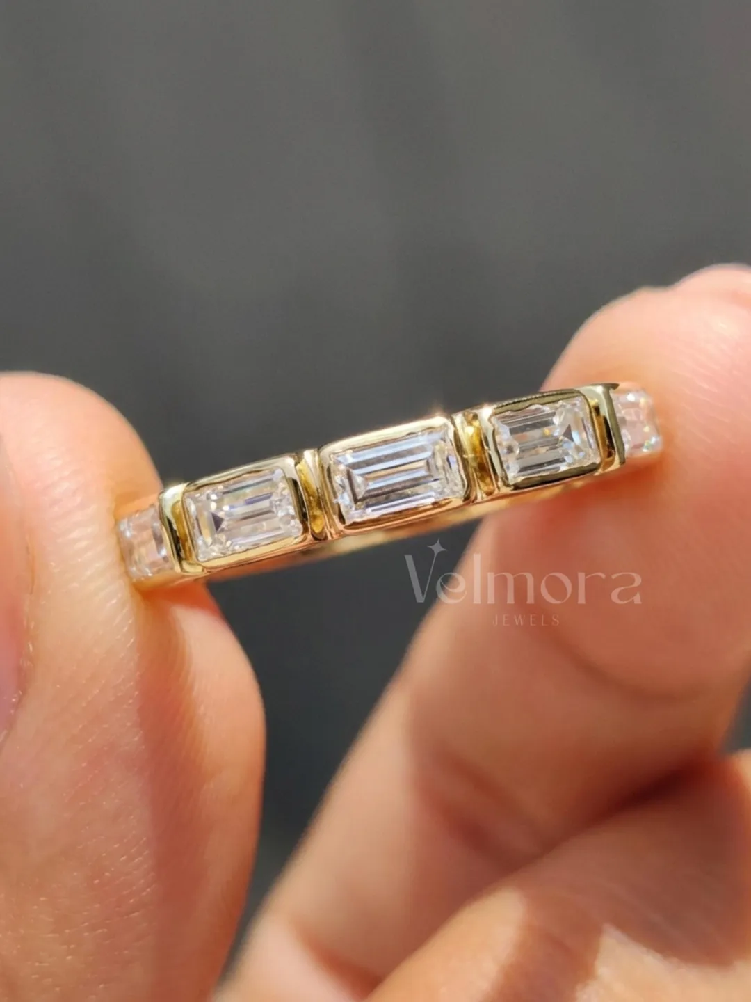 Baguette Emerald Cut Moissanite Wedding Band in Gold, Modern Anniversary Stacking Ring