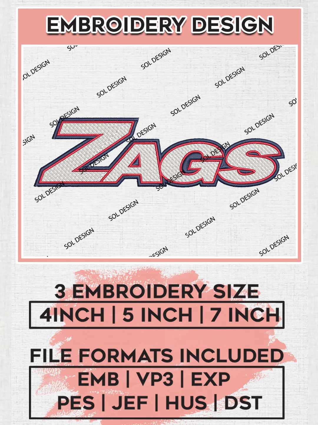 NCAA Zags Team Word Logo Embroidery Design Files, NCAA Gonzaga Bulldogs Machine Embroidery, NCAA Teams, Game Day, 3 sizes, NCAA Machine embroidery designs, Digital Download
