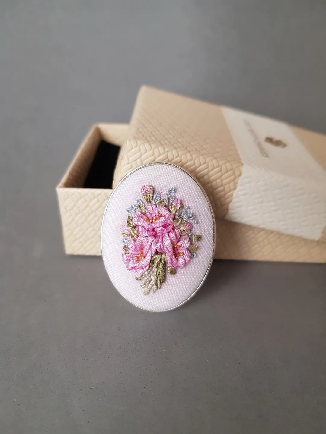 Ribbon embroidered pink brooch for her, embroidered jewelry, art 26