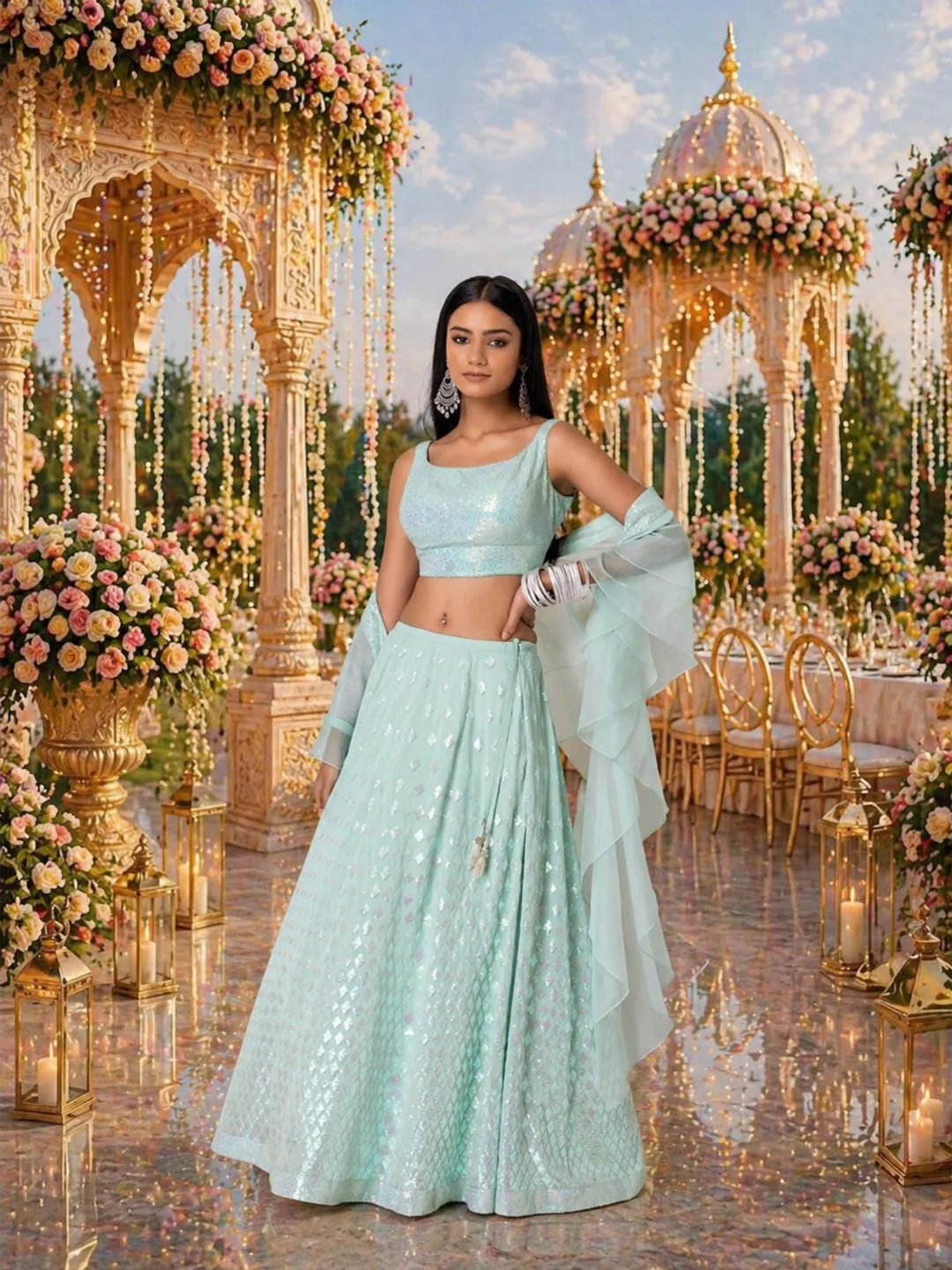 Sky Blue Georgette Lehenga Choli For Women: Sequin Indian Wedding Wear Ready To Wear