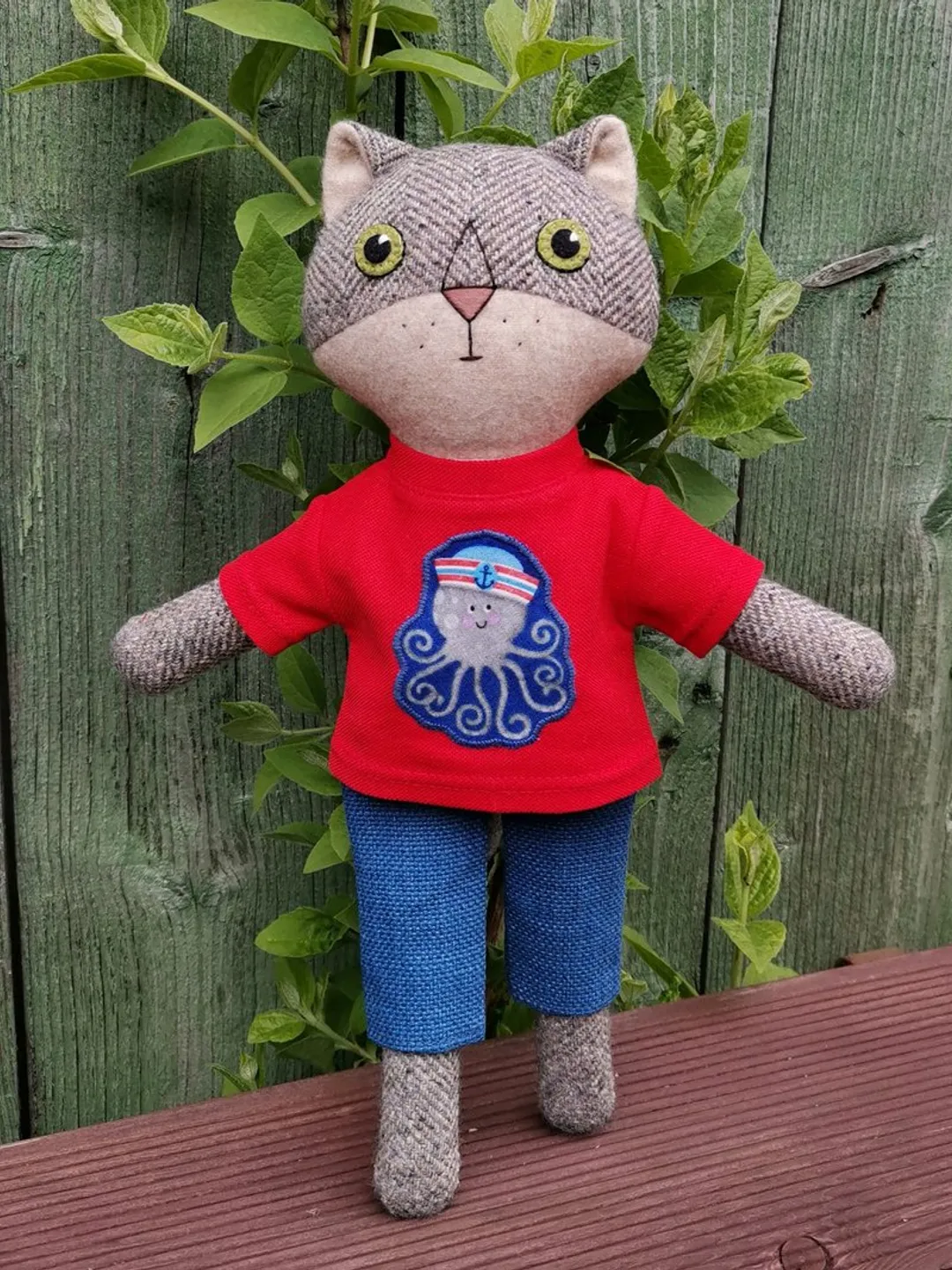 Gray cat boy, handmade wool plush toy, kitten rag doll, cat soft toy