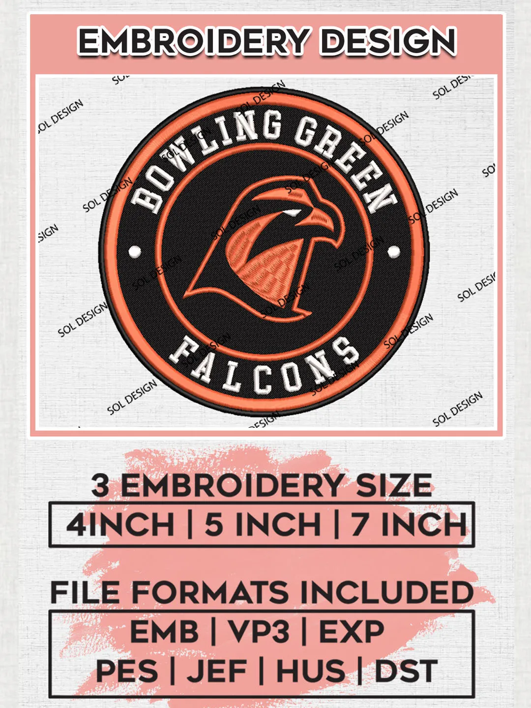 NCAA Bowling Green Falcons Round Logo Embroidery, NCAA Bowling Green Team Logo Embroidery files, NCAA Teams, Machine embroidery designs, Digital Download