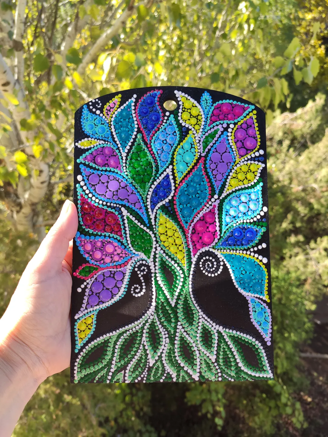 Tree of Life Dot Painting Original Art on the Wooden Panel 22 by 15 cm / 9 by 6 "