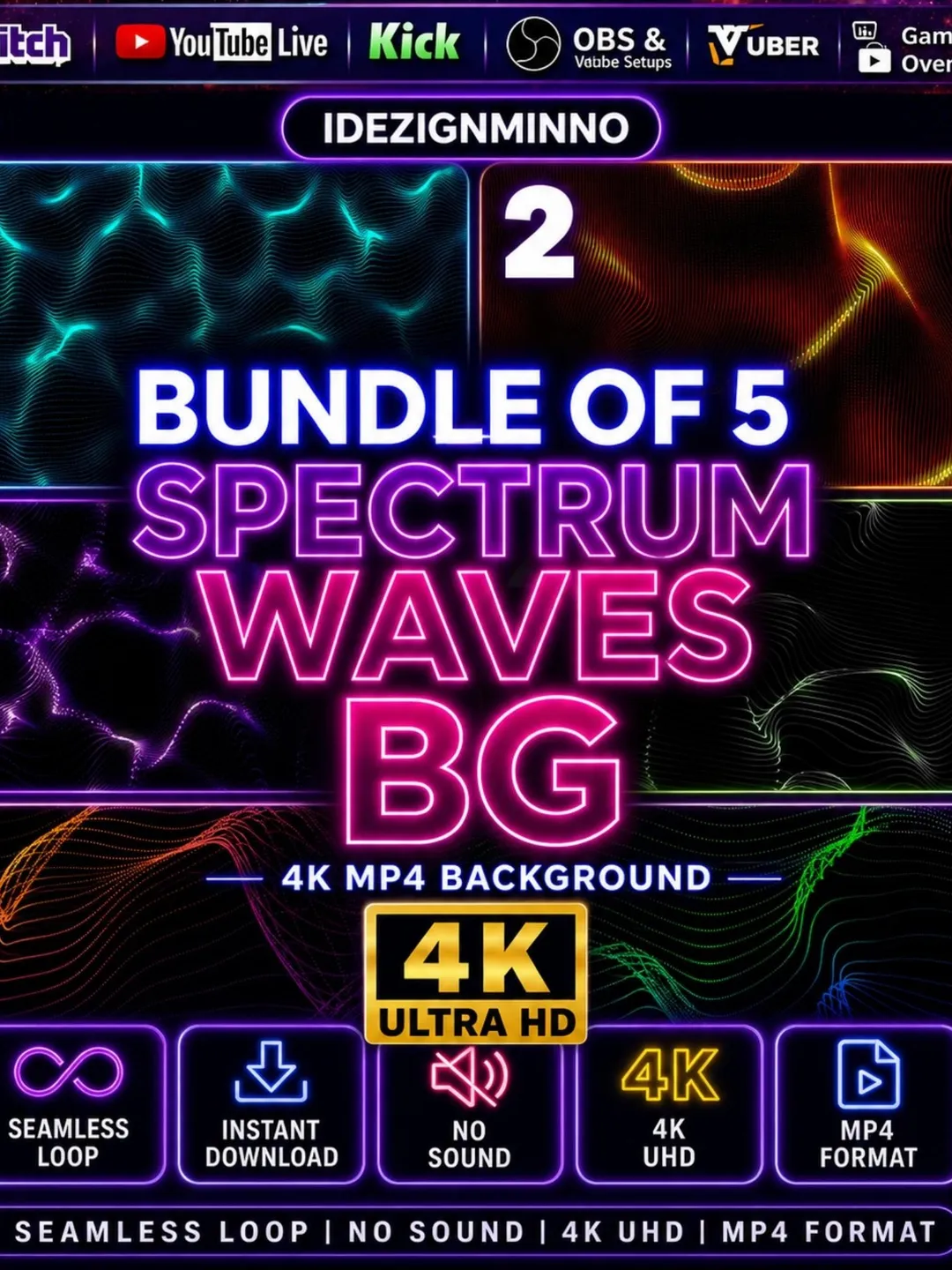 Bundle of 5 Spectrum Waves Animated Backgrounds | Seamless Loop | OBS ...