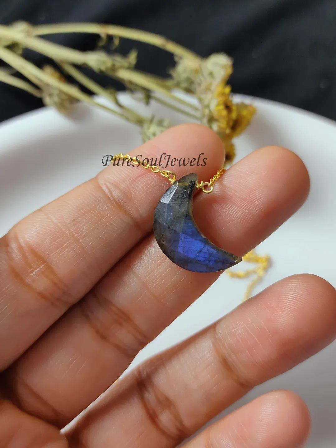 Labradorite Crescent Moon Necklace: 925 Sterling Silver, Boho Celestial Jewelry